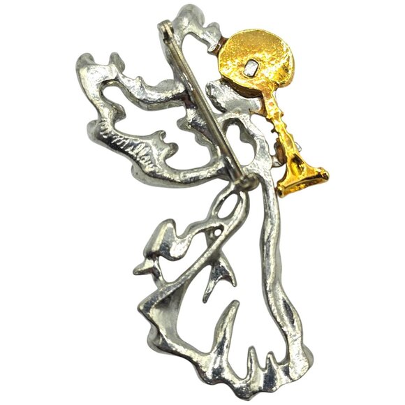 Vintage Angel Trumpet Brooch Pin Silver & Gold Tone Religious Jewelry Signed - Picture 2 of 5
